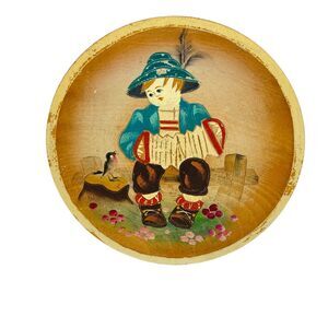 Boy & Bird Decorative Art Plate Vintage Brown Hand Painted Distressed Wooden  7"